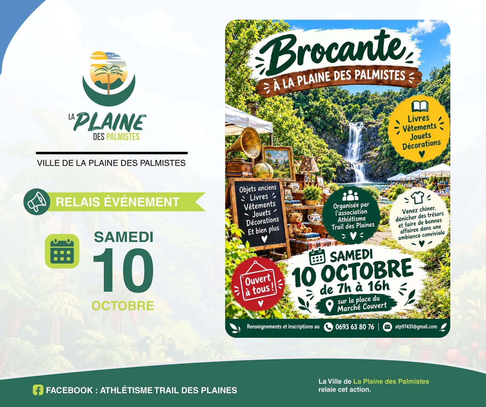 Affiche de la brocante de La Plaine des Palmistes, le samedi 10 octobre de 7 h à 16 h