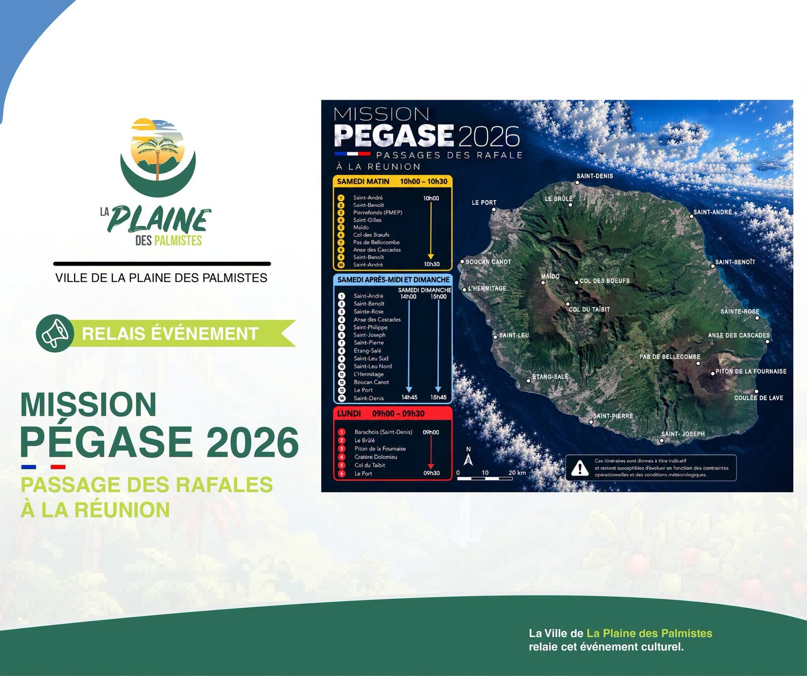 Carte des trajectoires des Rafale au-dessus de La Réunion pour la mission PEGASE 2026